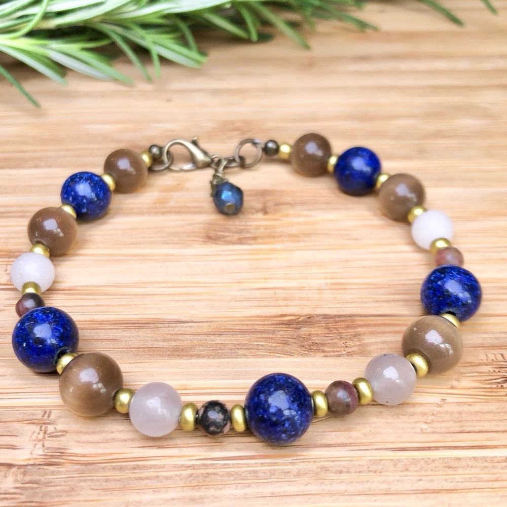Blue, Brown, Cream Beaded Bracelet
